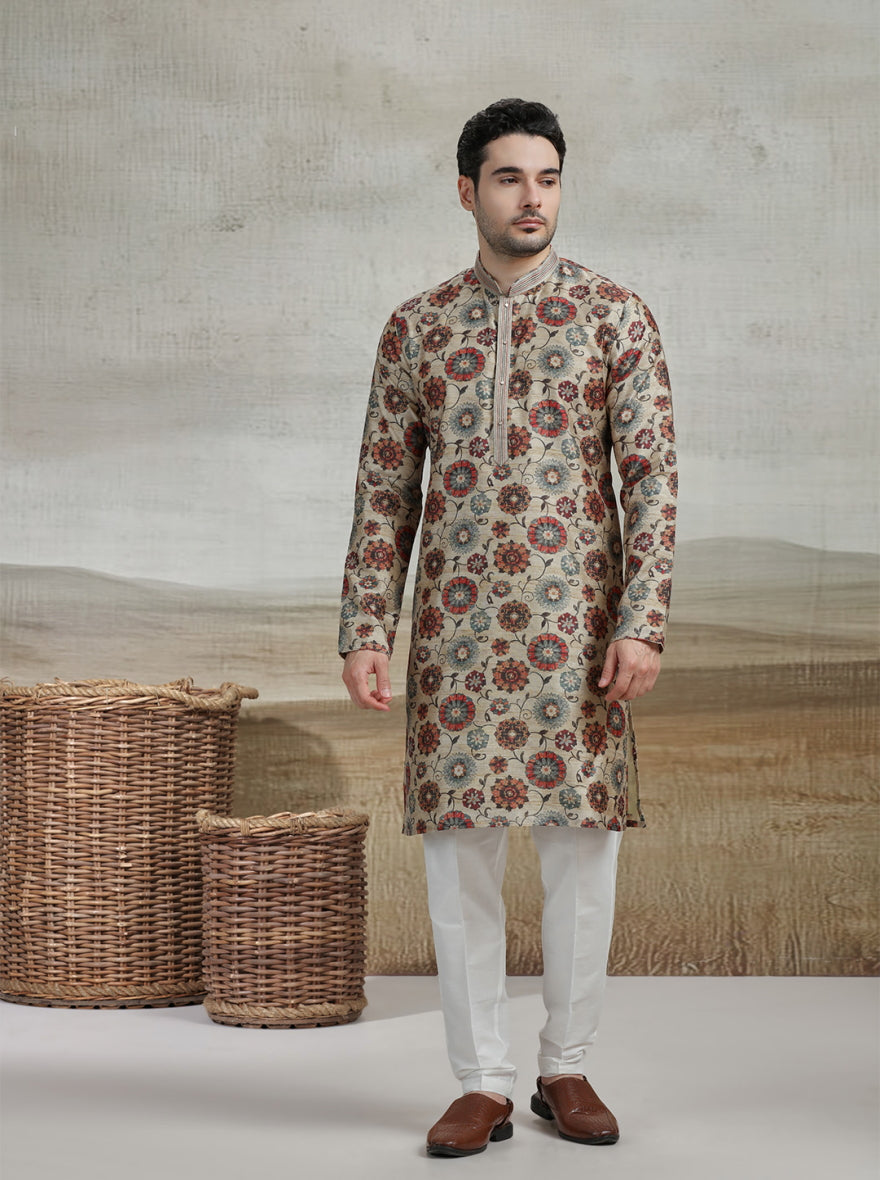 Beige & Multicolor Printed Kurta Pajama | Virasana