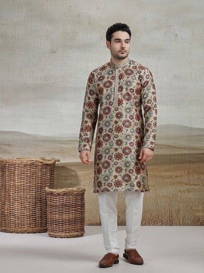 Beige & Multicolor Printed Kurta Pajama | Virasana