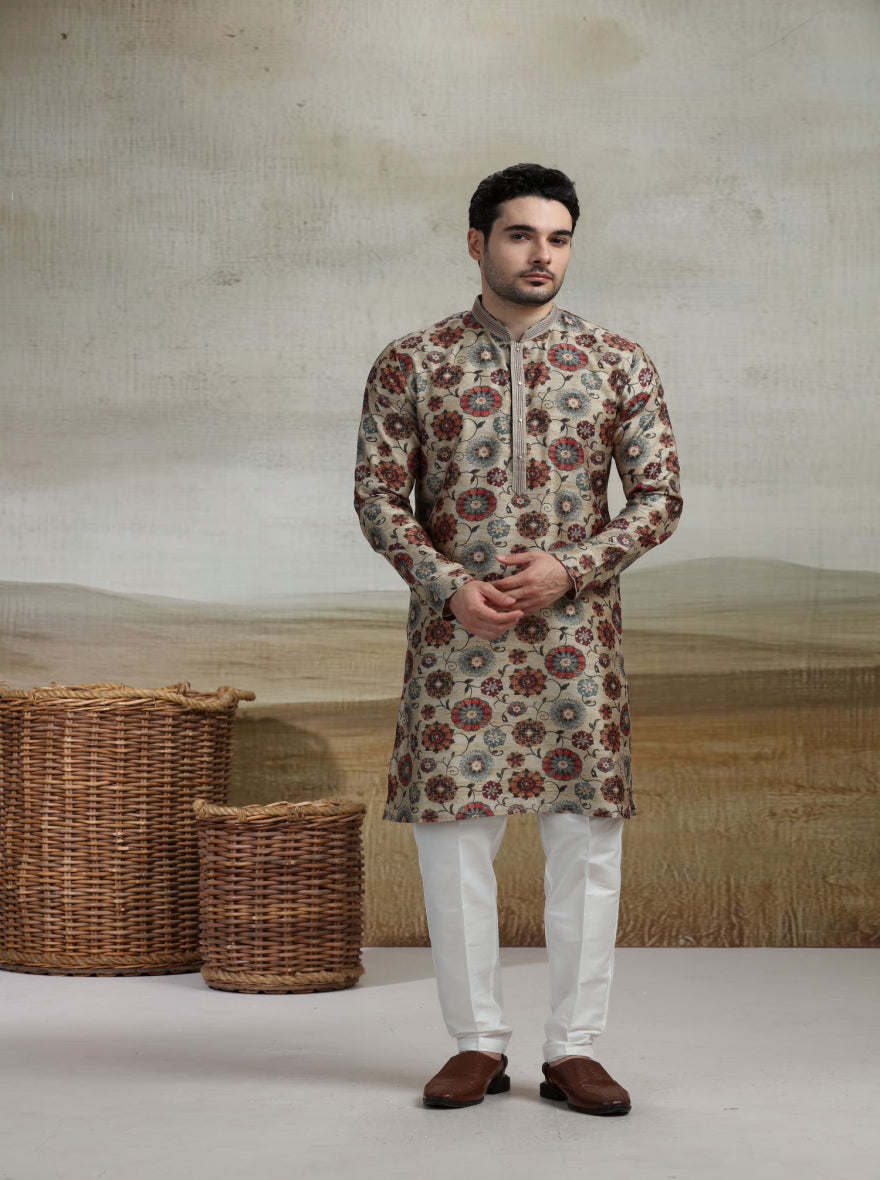 Beige & Multicolor Printed Kurta Pajama | Virasana