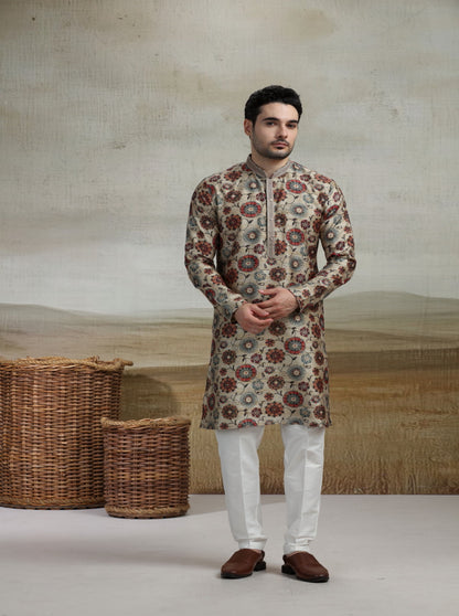Beige & Multicolor Printed Kurta Pajama | Virasana