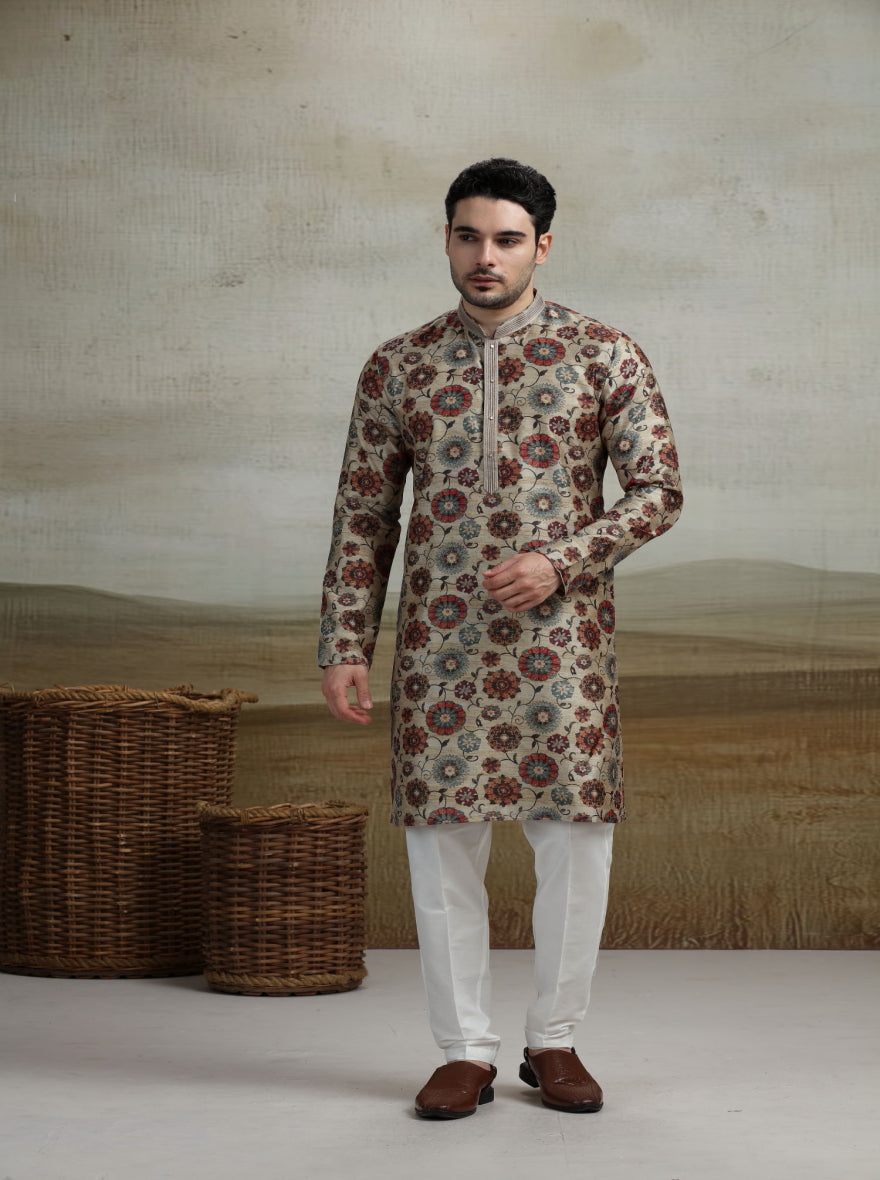 Beige & Multicolor Printed Kurta Pajama | Virasana