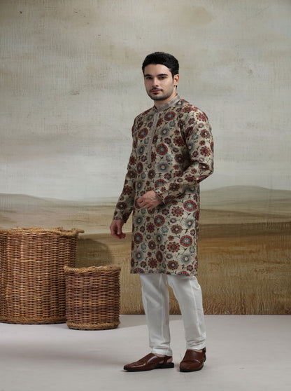 Beige & Multicolor Printed Kurta Pajama | Virasana