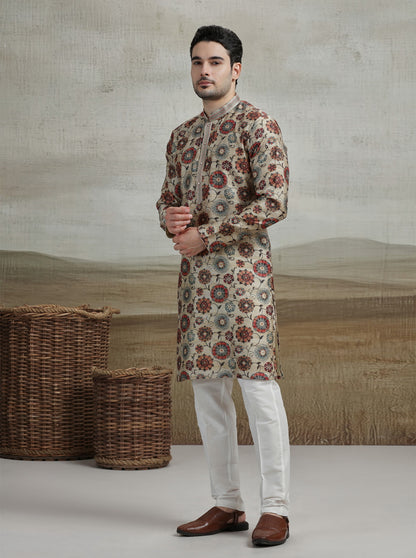Beige & Multicolor Printed Kurta Pajama | Virasana