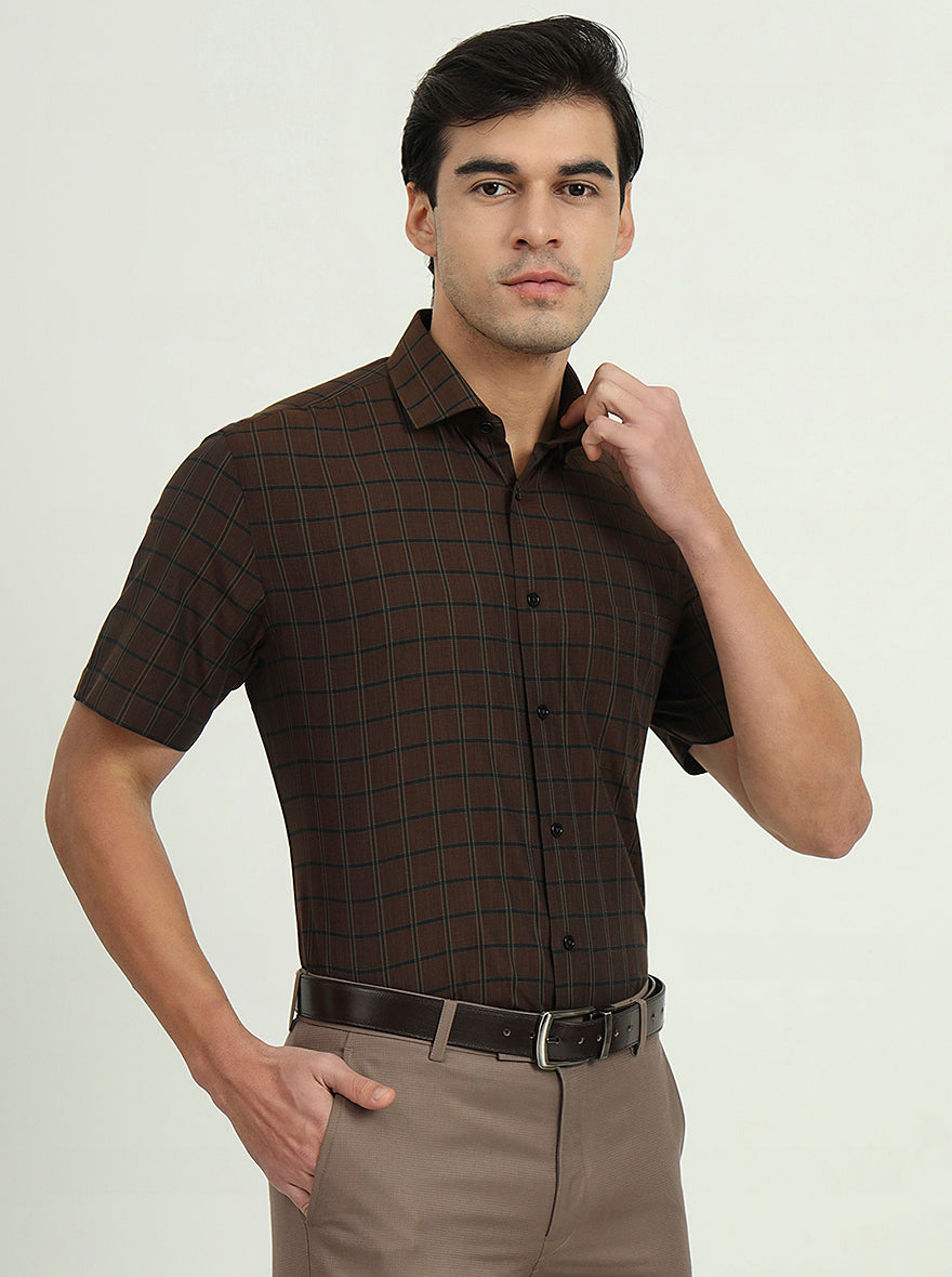 Brown & Green Checked Regular Fit Formal Shirt | Greenfibre