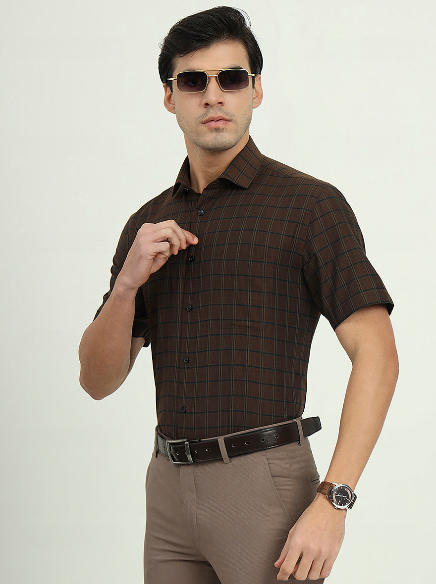 Brown & Green Checked Regular Fit Formal Shirt | Greenfibre