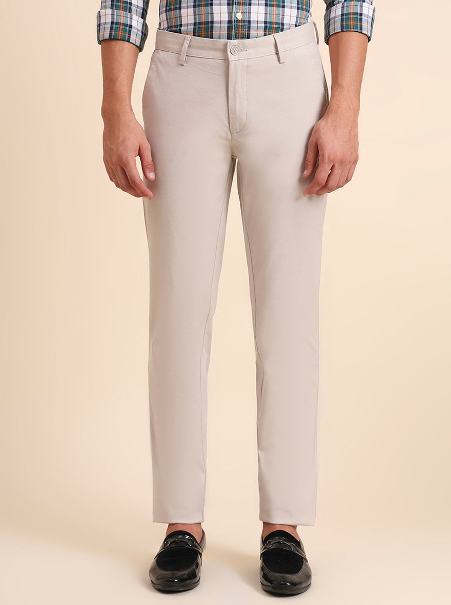 Beige Solid Uno Fit Casual Trouser | JadeBlue