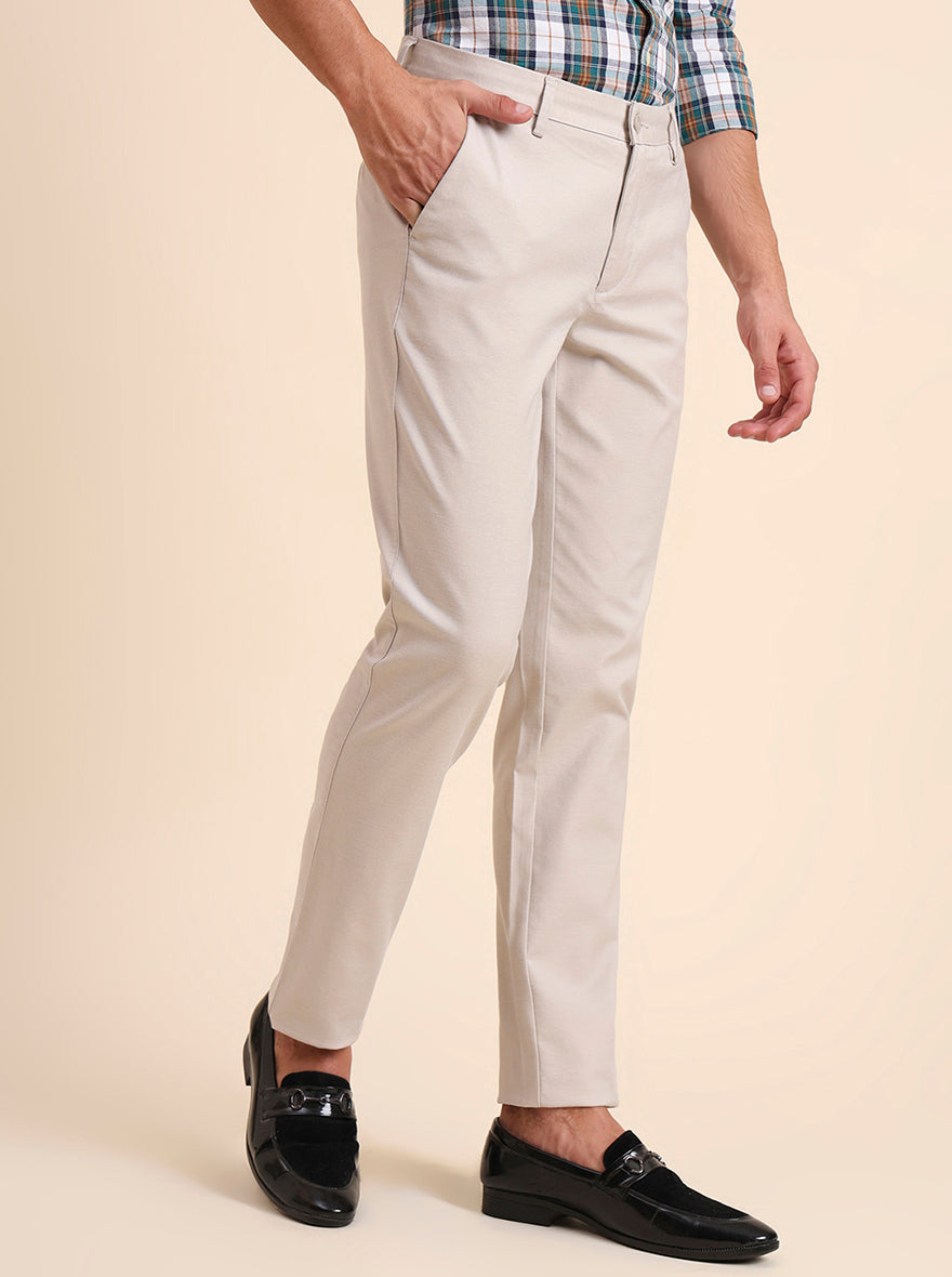 Beige Solid Uno Fit Casual Trouser | JadeBlue