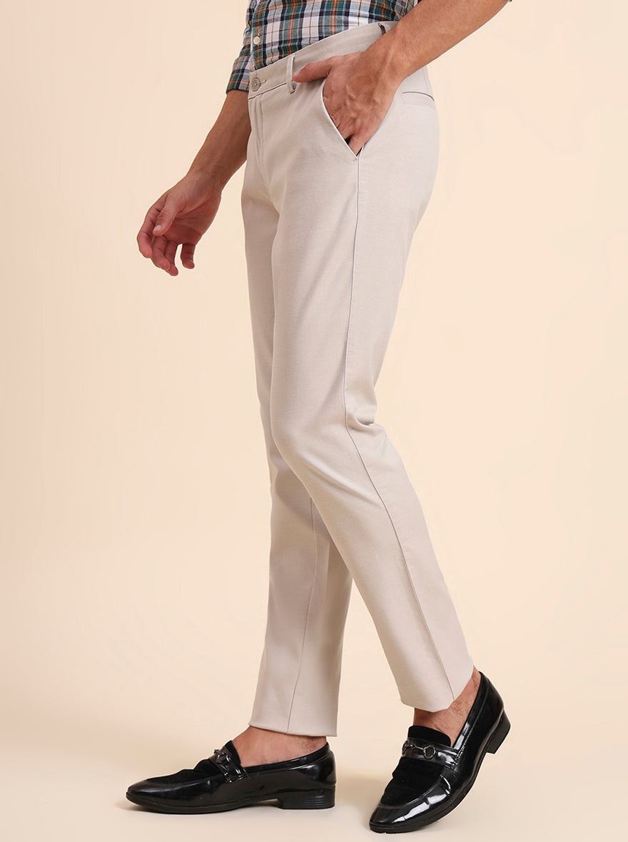 Beige Solid Uno Fit Casual Trouser | JadeBlue