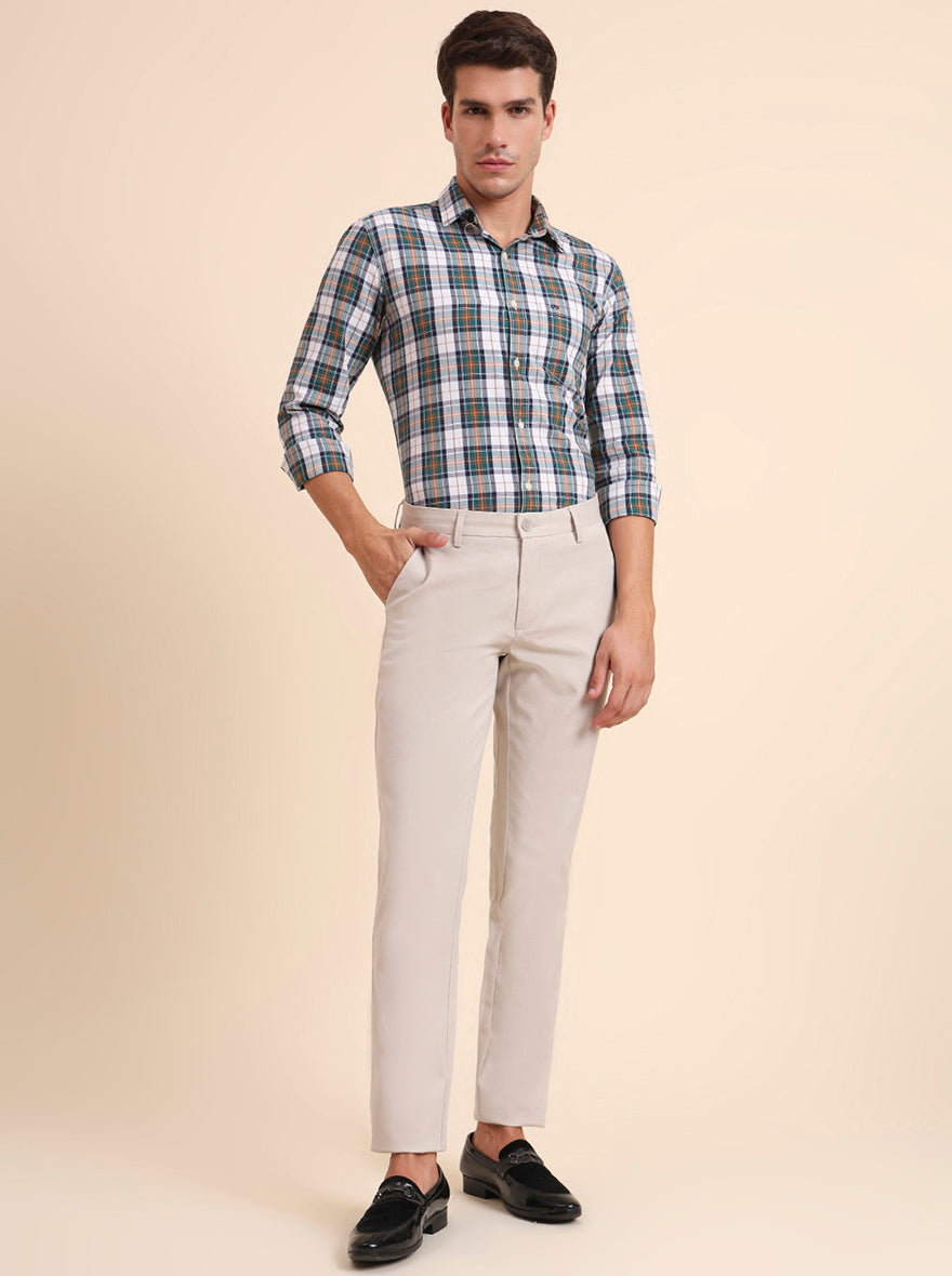 Beige Solid Uno Fit Casual Trouser | JadeBlue