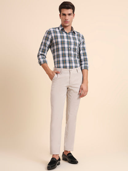 Beige Solid Uno Fit Casual Trouser | JadeBlue