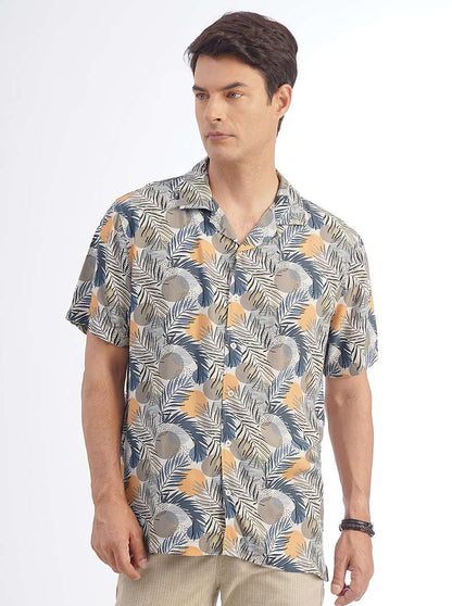 Cream Printed Slim Fit Casual Shirt | JadeBlue