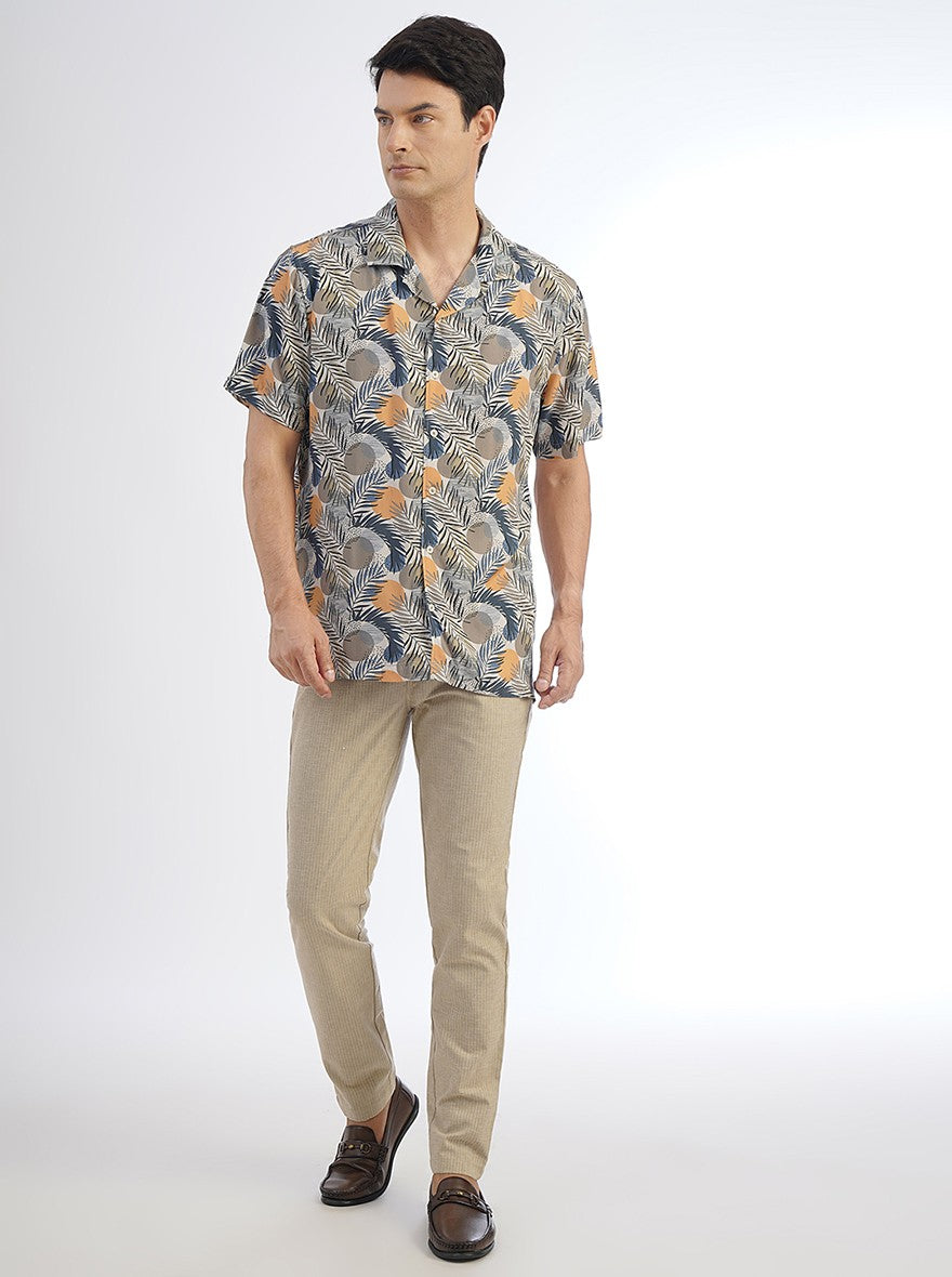 Cream Printed Slim Fit Casual Shirt | JadeBlue