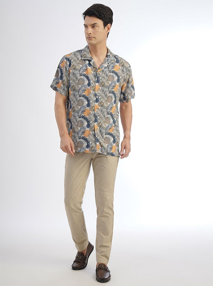 Cream Printed Slim Fit Casual Shirt | JadeBlue