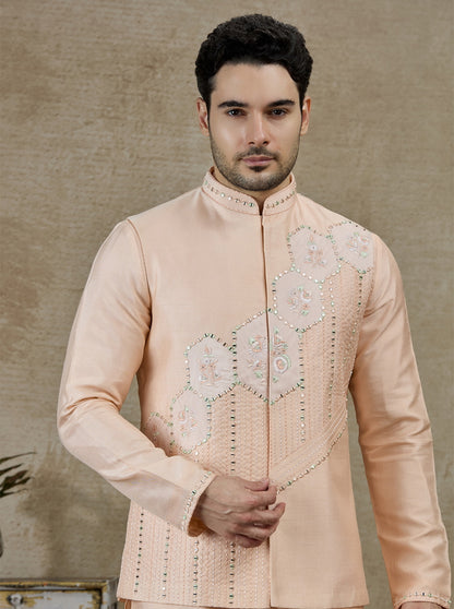 Peach Embroidered Kurta Pajama with Koti | Virasana