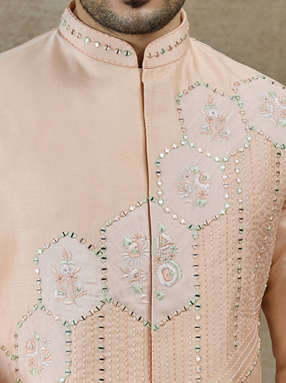 Peach Embroidered Kurta Pajama with Koti | Virasana