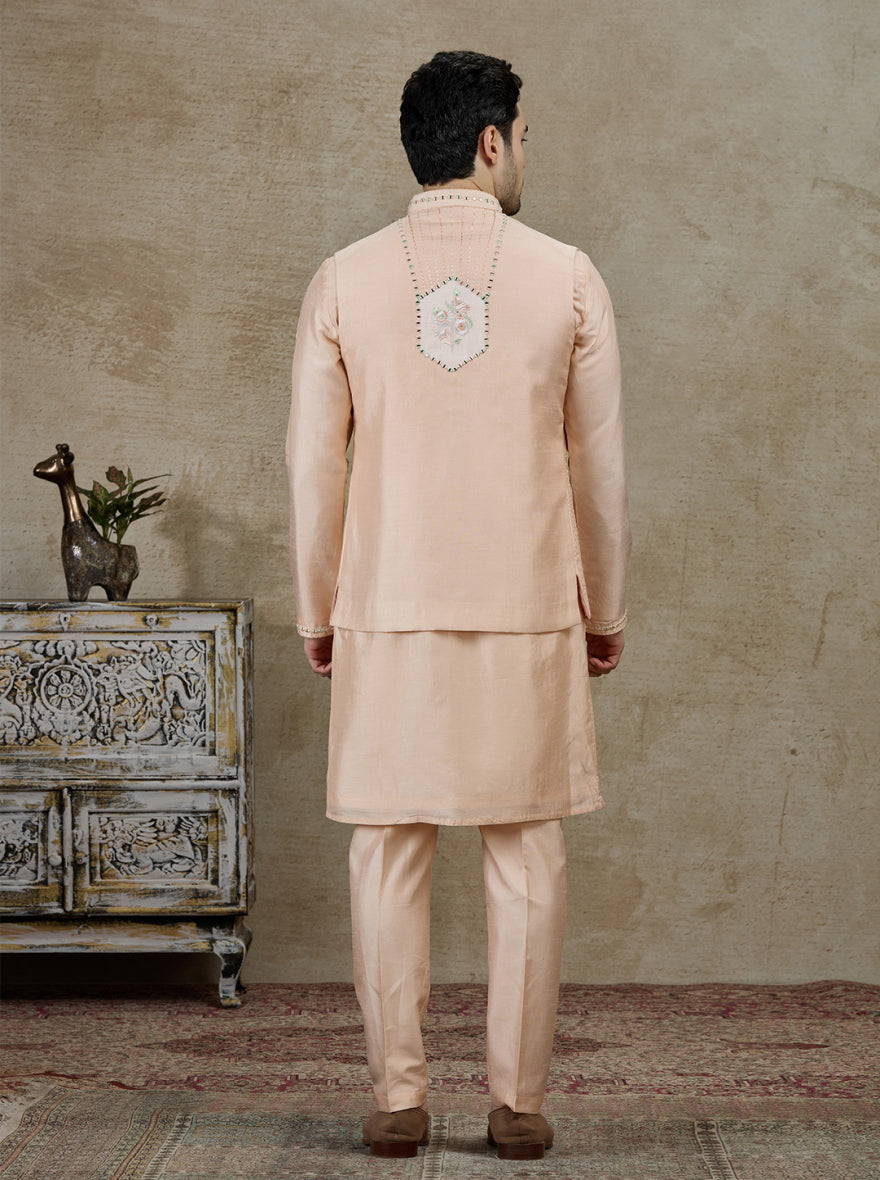 Peach Embroidered Kurta Pajama with Koti | Virasana