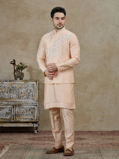 Peach Embroidered Kurta Pajama with Koti | Virasana