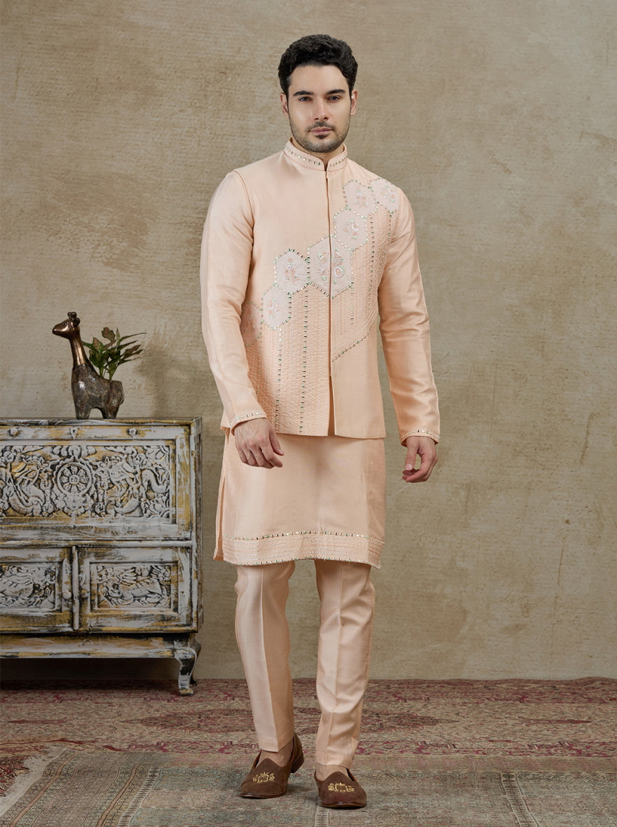 Peach Embroidered Kurta Pajama with Koti | Virasana