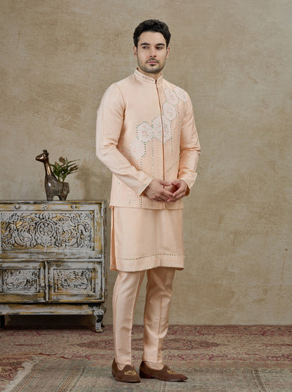 Peach Embroidered Kurta Pajama with Koti | Virasana