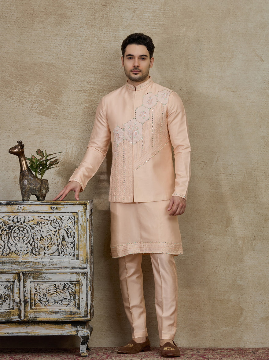 Peach Embroidered Kurta Pajama with Koti | Virasana