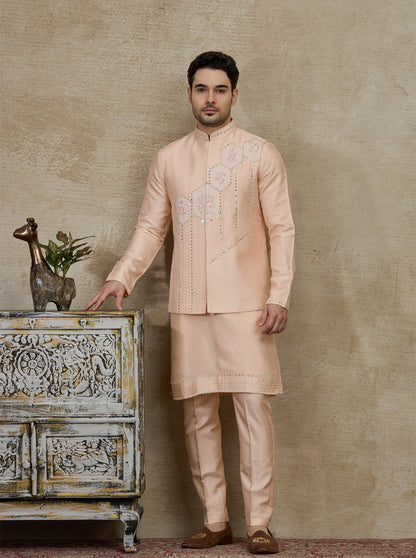 Peach Embroidered Kurta Pajama with Koti | Virasana