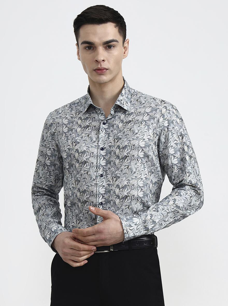 Grey & Beige Printed Regular Fit Party Wear Shirt | Wyre