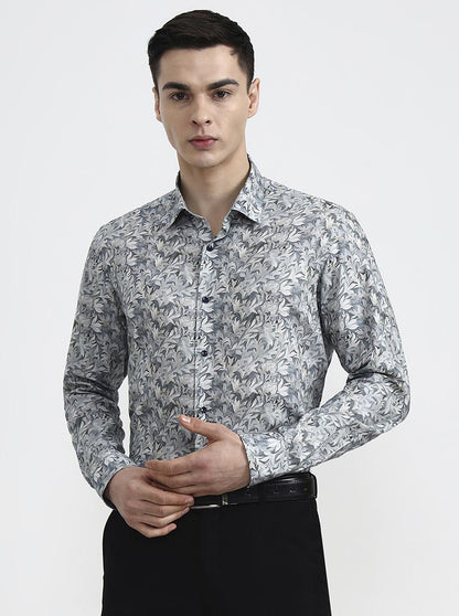 Grey & Beige Printed Regular Fit Party Wear Shirt | Wyre