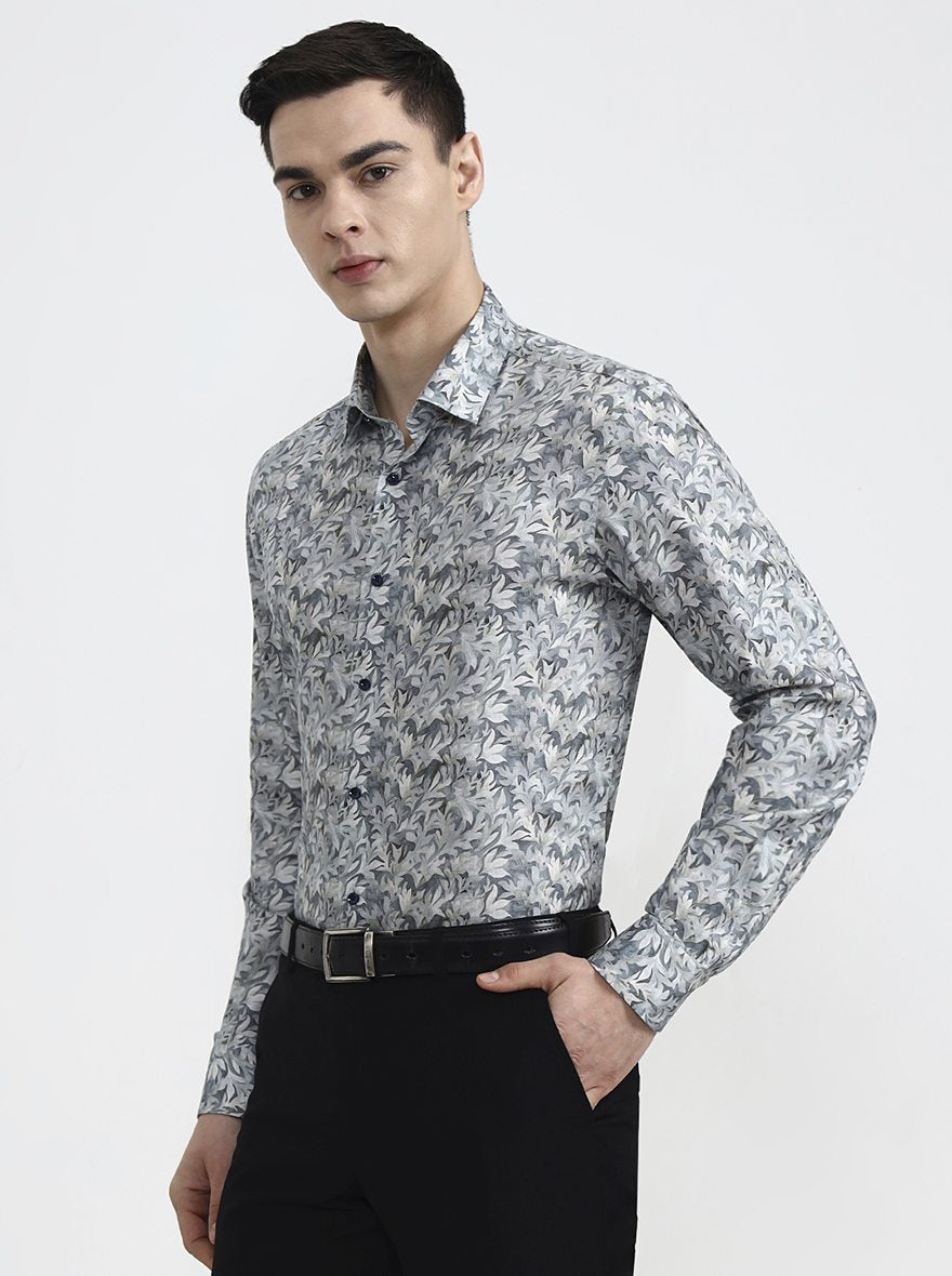 Grey & Beige Printed Regular Fit Party Wear Shirt | Wyre