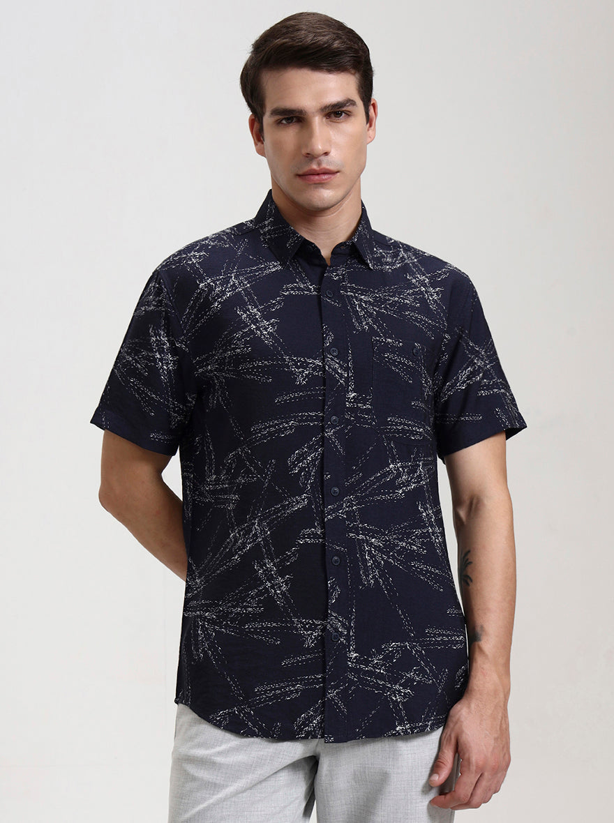 Navy Blue Printed Slim Fit Casual Shirt | JadeBlue