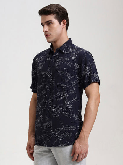 Navy Blue Printed Slim Fit Casual Shirt | JadeBlue