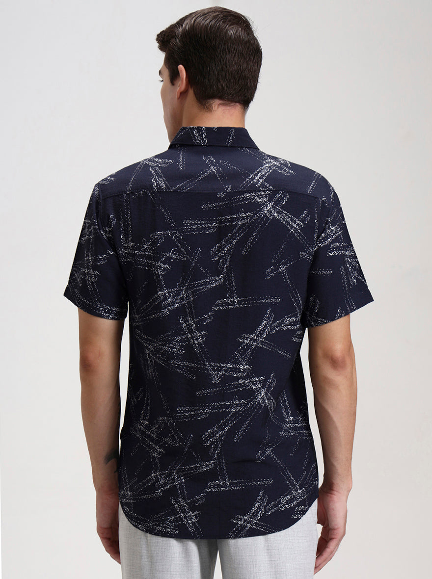 Navy Blue Printed Slim Fit Casual Shirt | JadeBlue