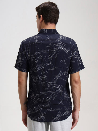 Navy Blue Printed Slim Fit Casual Shirt | JadeBlue