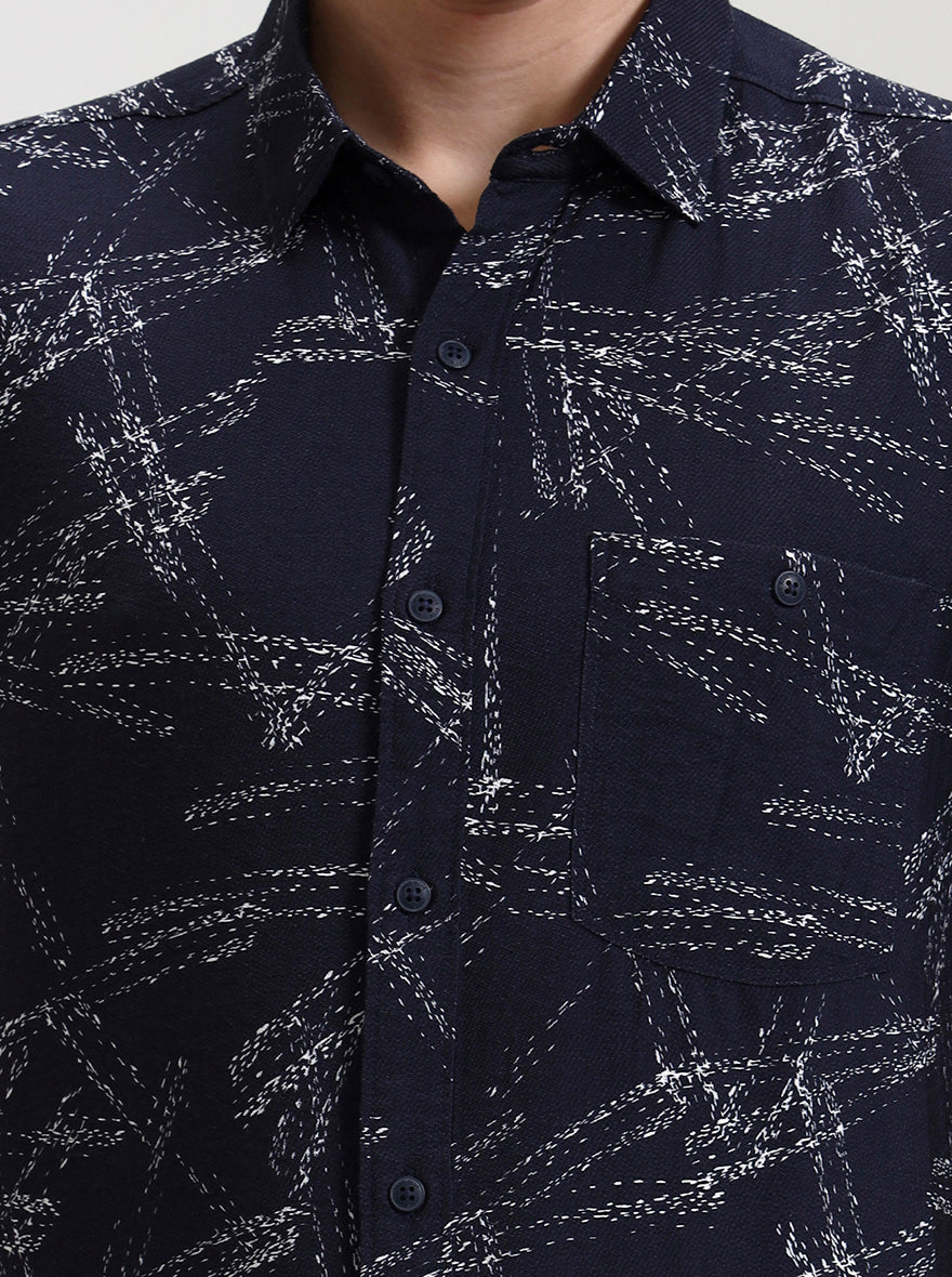 Navy Blue Printed Slim Fit Casual Shirt | JadeBlue