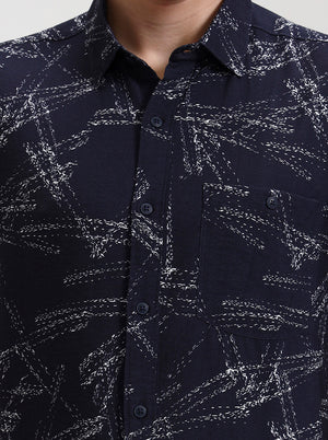 Navy Blue Printed Slim Fit Casual Shirt | JadeBlue