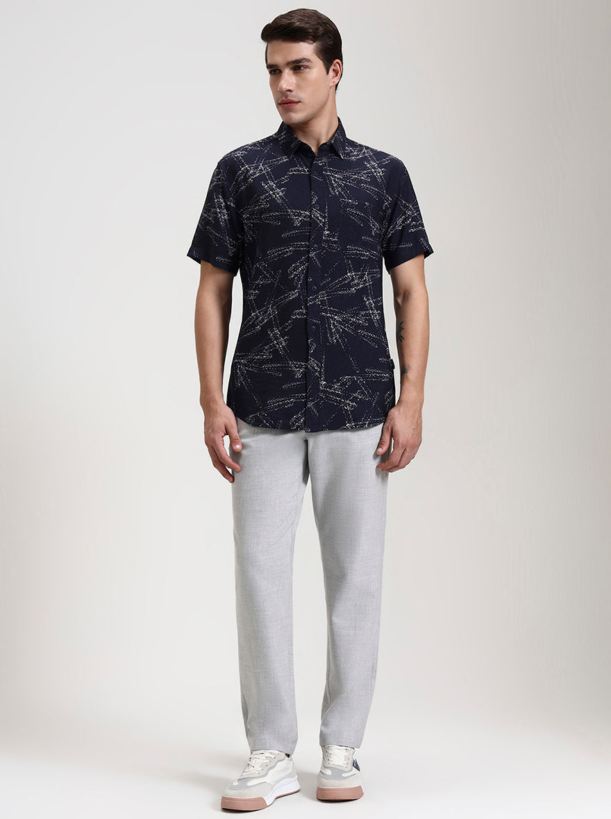 Navy Blue Printed Slim Fit Casual Shirt | JadeBlue