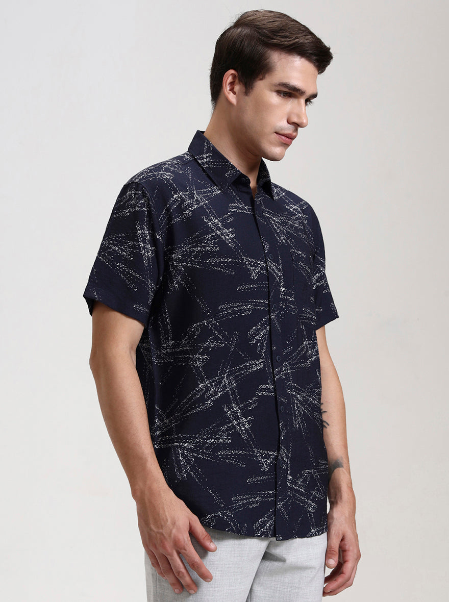 Navy Blue Printed Slim Fit Casual Shirt | JadeBlue