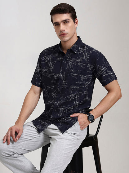 Navy Blue Printed Slim Fit Casual Shirt | JadeBlue