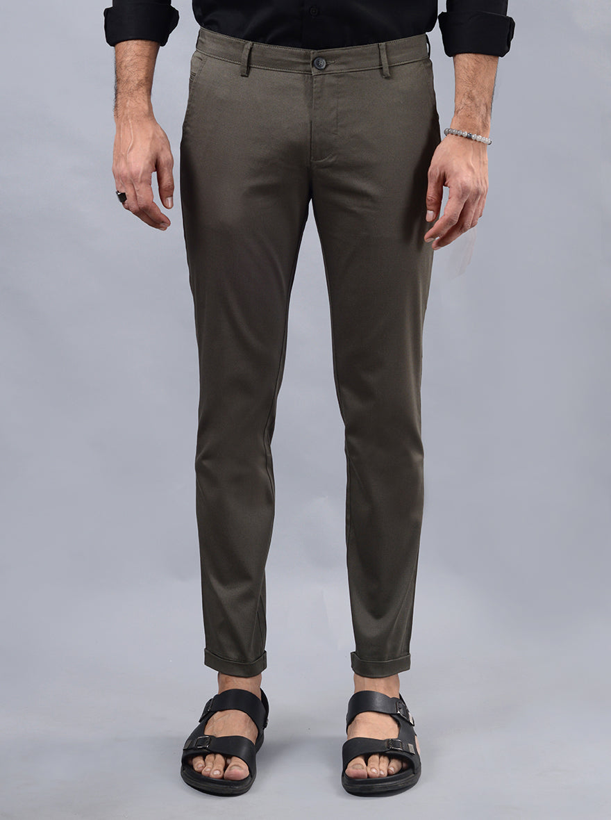 Olive Green Solid Neo Fit Casual Trouser | Greenfibre