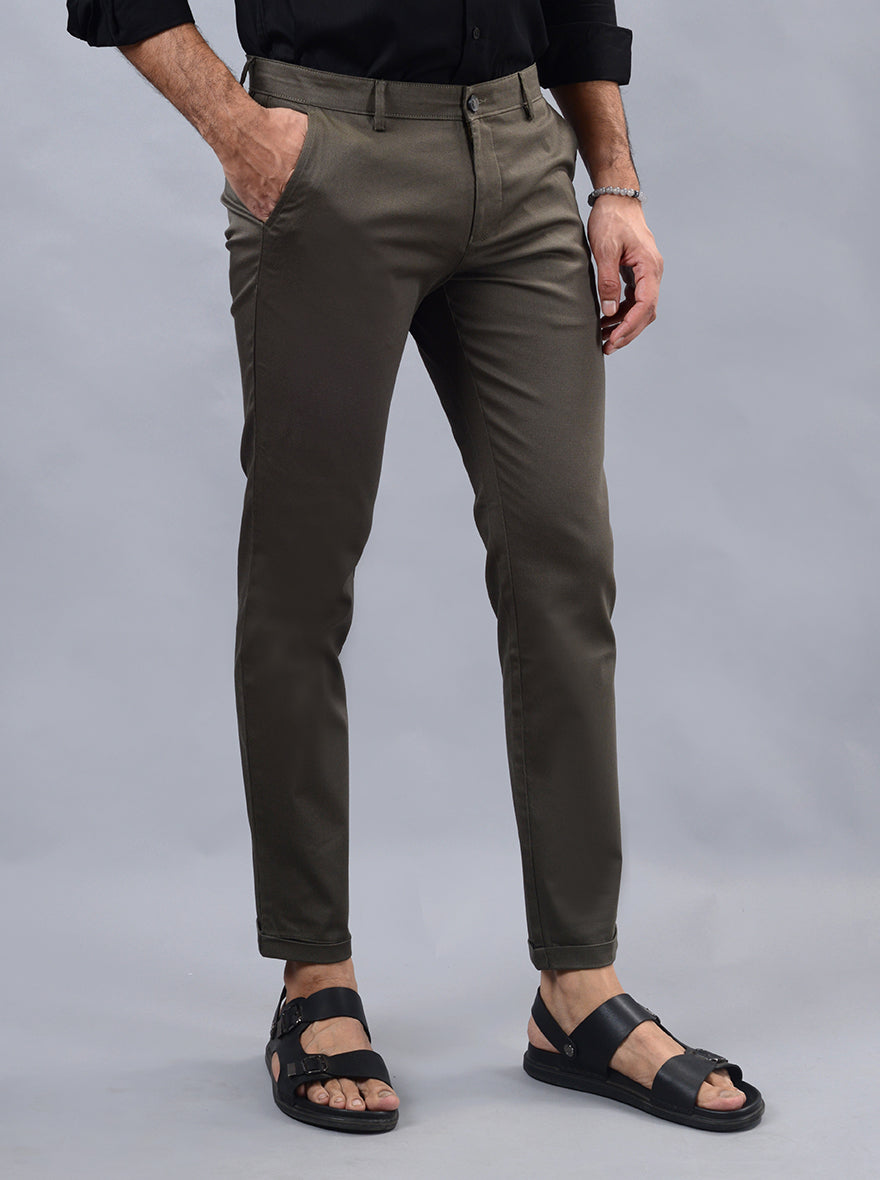 Olive Green Solid Neo Fit Casual Trouser | Greenfibre