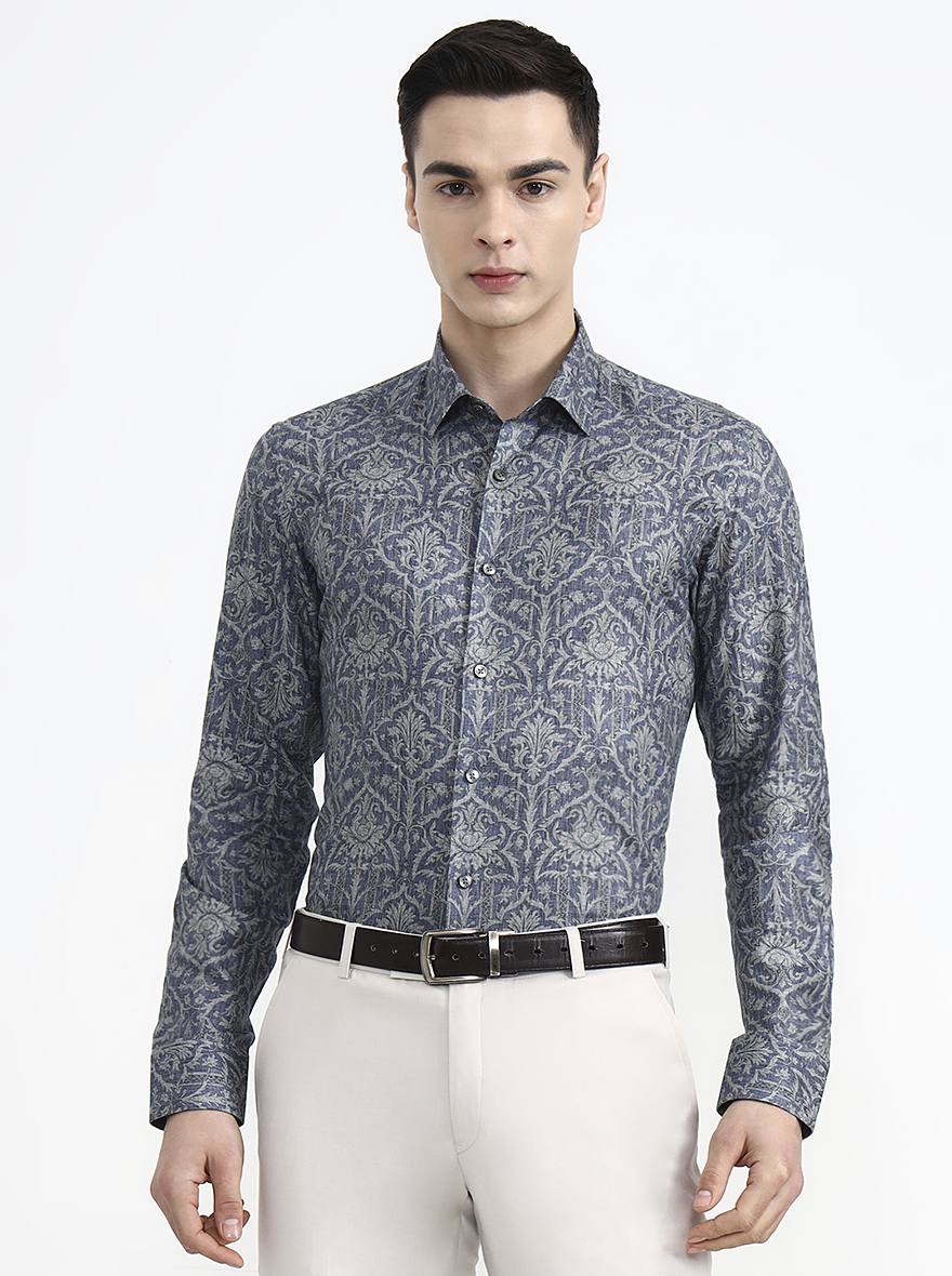 Blue & Grey Printed Slim Fit Party Wear Shirt | Wyre