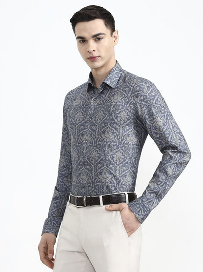 Blue & Grey Printed Slim Fit Party Wear Shirt | Wyre