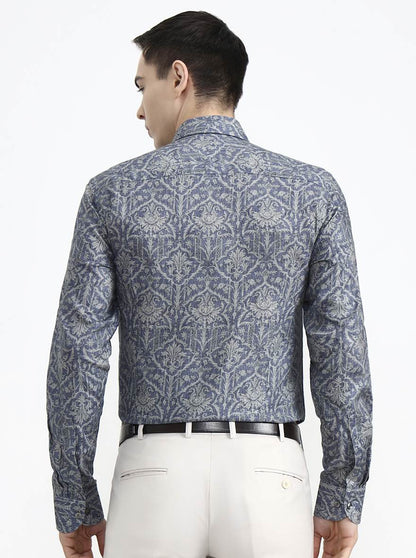 Blue & Grey Printed Slim Fit Party Wear Shirt | Wyre