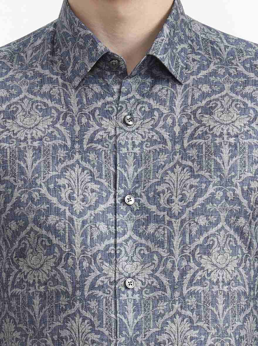 Blue & Grey Printed Slim Fit Party Wear Shirt | Wyre