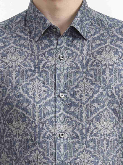 Blue & Grey Printed Slim Fit Party Wear Shirt | Wyre
