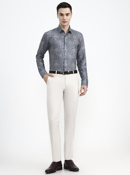 Blue & Grey Printed Slim Fit Party Wear Shirt | Wyre