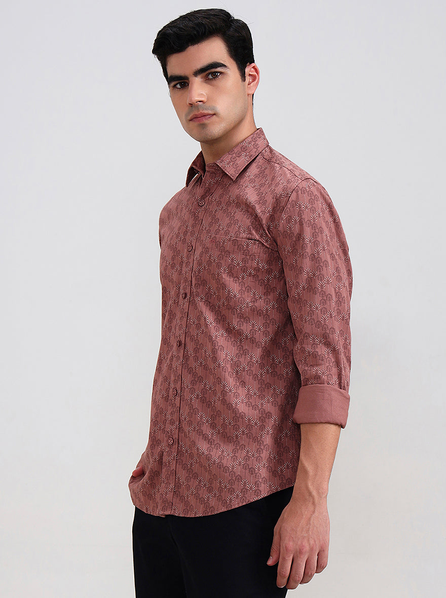Orange Printed Tailored Fit Semi Casual Shirt | JadeBlue