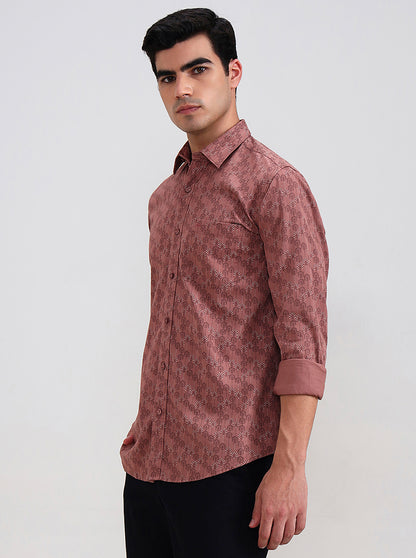 Orange Printed Tailored Fit Semi Casual Shirt | JadeBlue