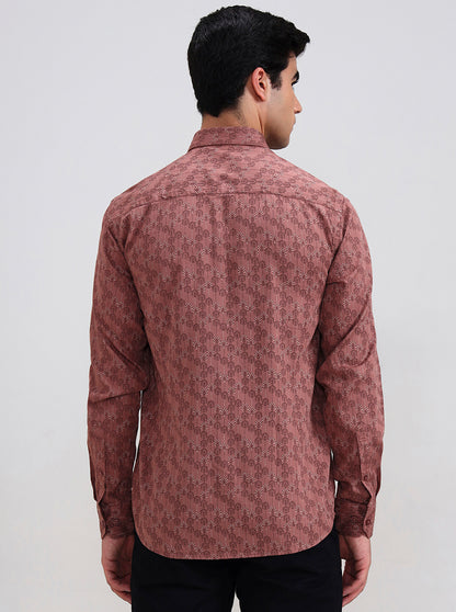 Orange Printed Tailored Fit Semi Casual Shirt | JadeBlue