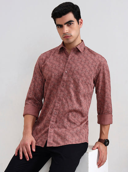 Orange Printed Tailored Fit Semi Casual Shirt | JadeBlue