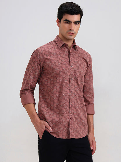 Orange Printed Tailored Fit Semi Casual Shirt | JadeBlue